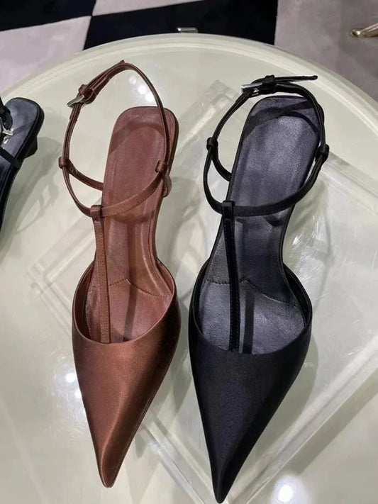 Satin Pointed Back Empty Sandals Women's 2025 Summer One-word Buckle Sexy Kitten Heel Women's Shoes Sandalias
